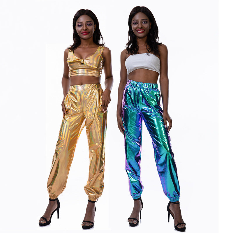 Lässige Sport Street Hip Hop Party Glänzende Bunte Hose Hologramm Laser Weite Damenhose