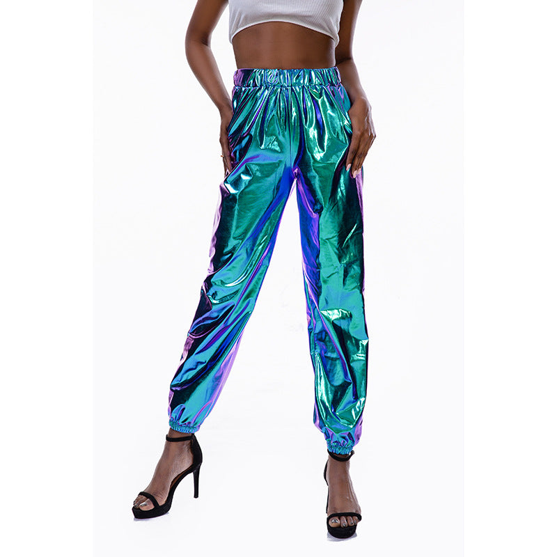 Lässige Sport Street Hip Hop Party Glänzende Bunte Hose Hologramm Laser Weite Damenhose