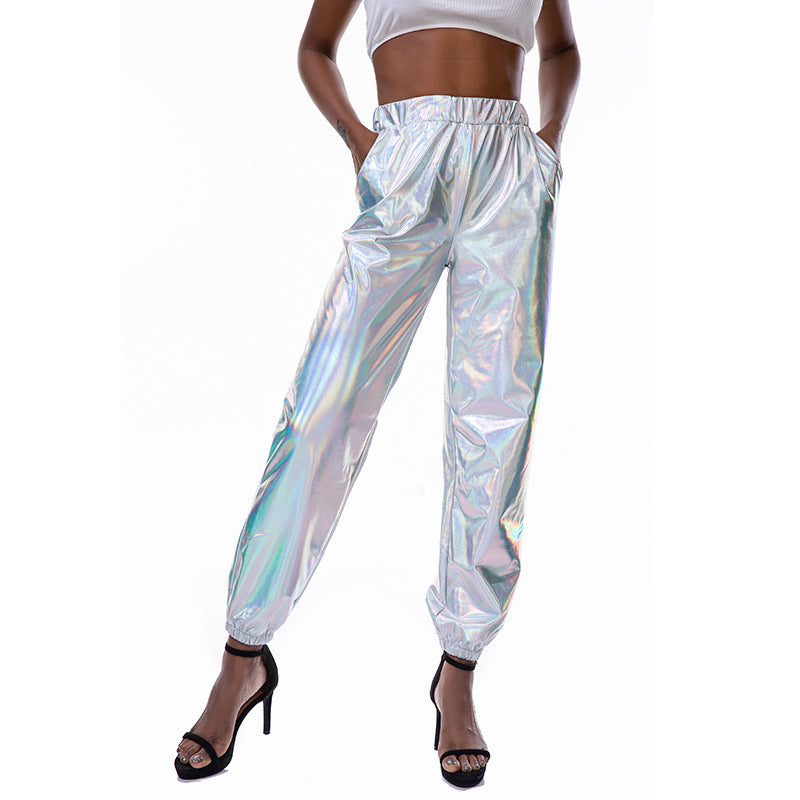 Lässige Sport Street Hip Hop Party Glänzende Bunte Hose Hologramm Laser Weite Damenhose