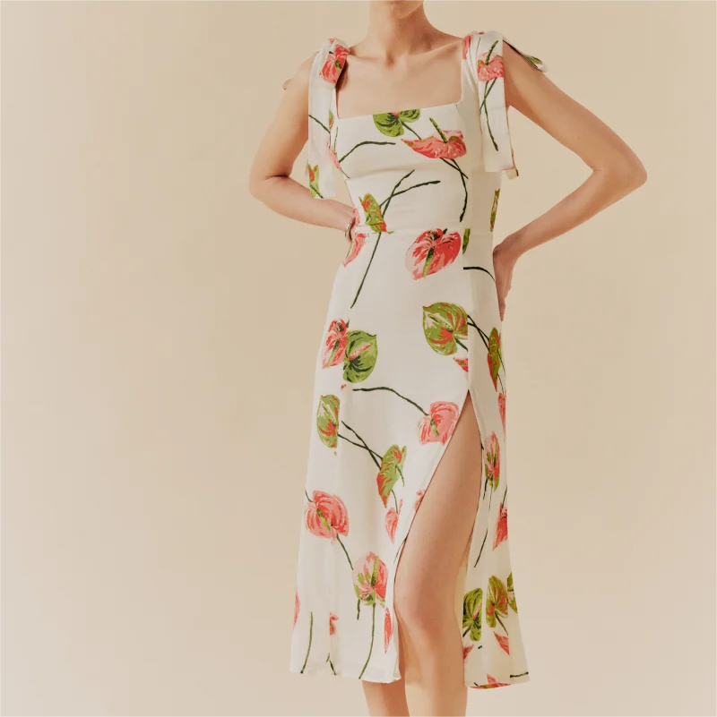 Sommer Französisch Elegant Pastoral Bedrucktes Hochgeschlitztes Trägerkleid Damen Bandeau Midikleid