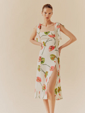 Sommer Französisch Elegant Pastoral Bedrucktes Hochgeschlitztes Trägerkleid Damen Bandeau Midikleid