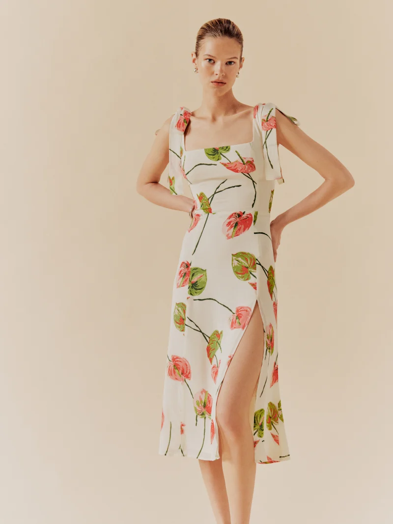 Sommer Französisch Elegant Pastoral Bedrucktes Hochgeschlitztes Trägerkleid Damen Bandeau Midikleid