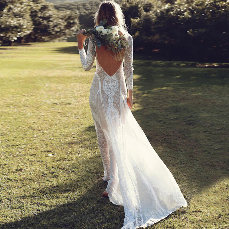 Herbst Damenbekleidung Kleid Langarm Spitze Sexy Rückenfrei Bodenlang Hochzeitskleid Ballkleid