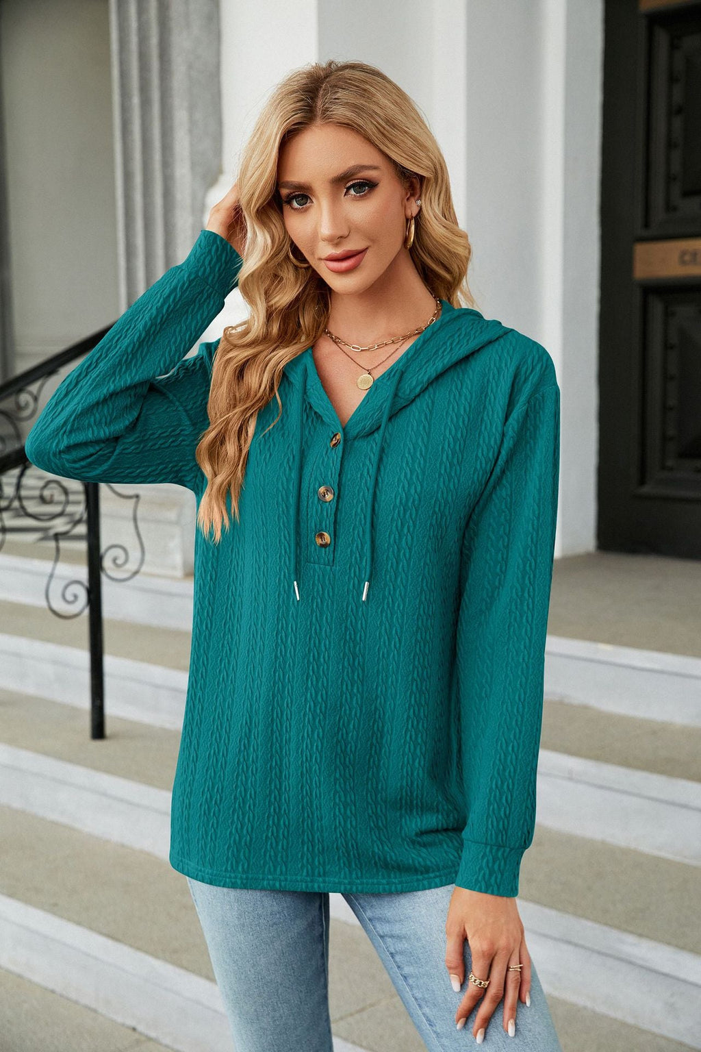 Herbst Winter Einfarbiger Kapuzenpullover mit Knöpfen, lockere lange Ärmel, Sweatshirt Damen Bekleidung