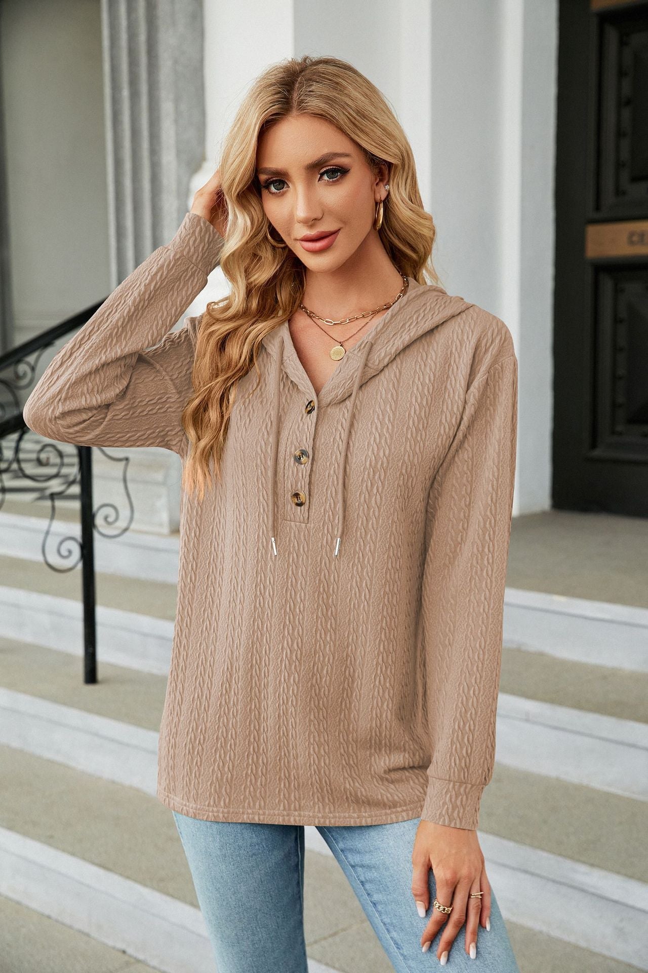 Herbst Winter Einfarbiger Kapuzenpullover mit Knöpfen, lockere lange Ärmel, Sweatshirt Damen Bekleidung