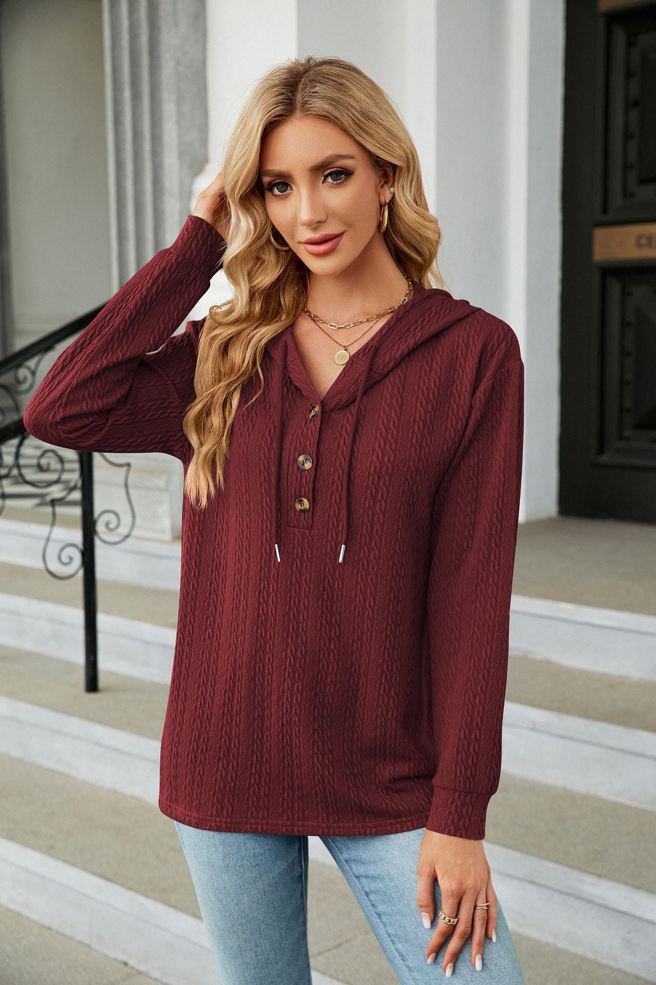 Herbst Winter Einfarbiger Kapuzenpullover mit Knöpfen, lockere lange Ärmel, Sweatshirt Damen Bekleidung