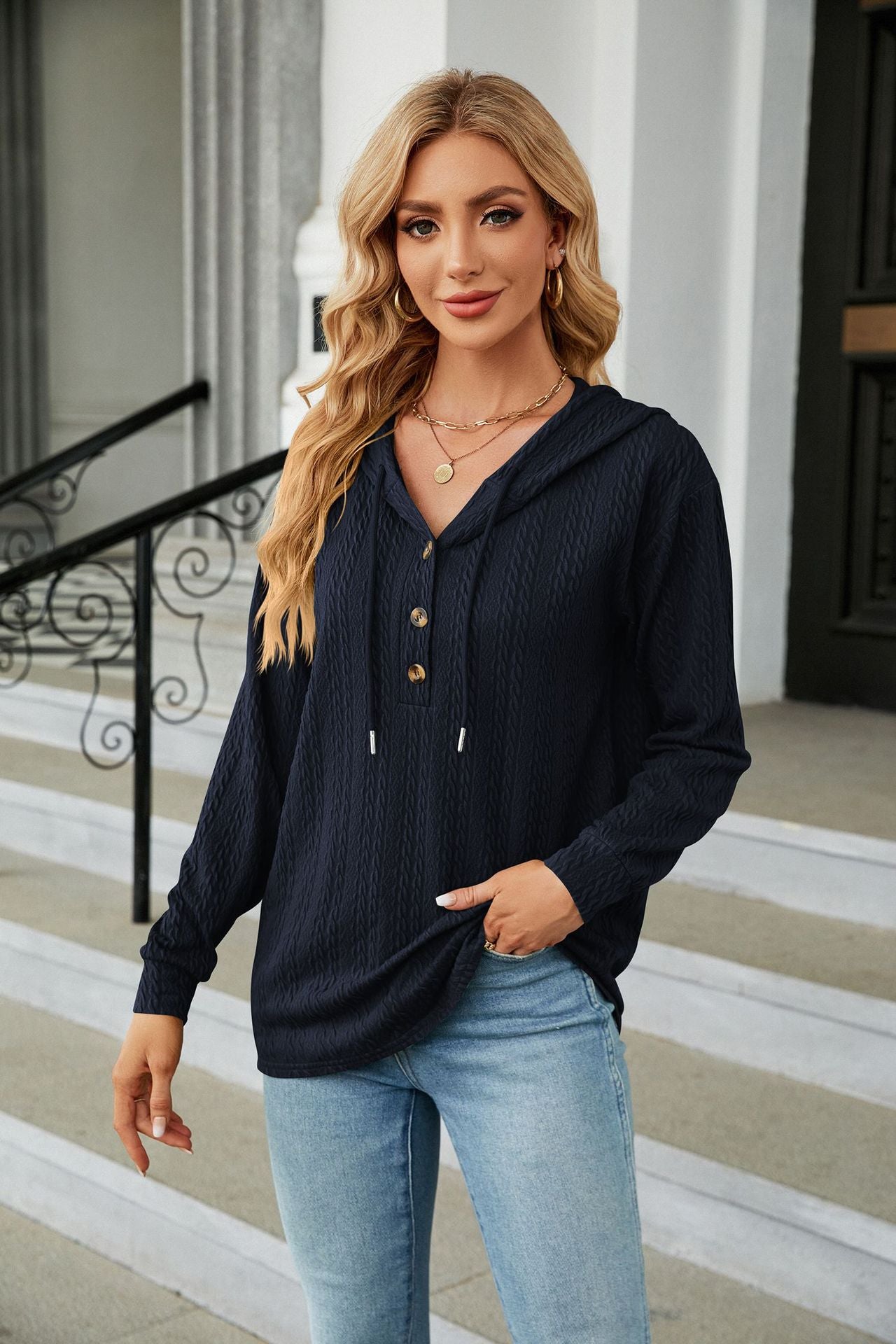 Herbst Winter Einfarbiger Kapuzenpullover mit Knöpfen, lockere lange Ärmel, Sweatshirt Damen Bekleidung