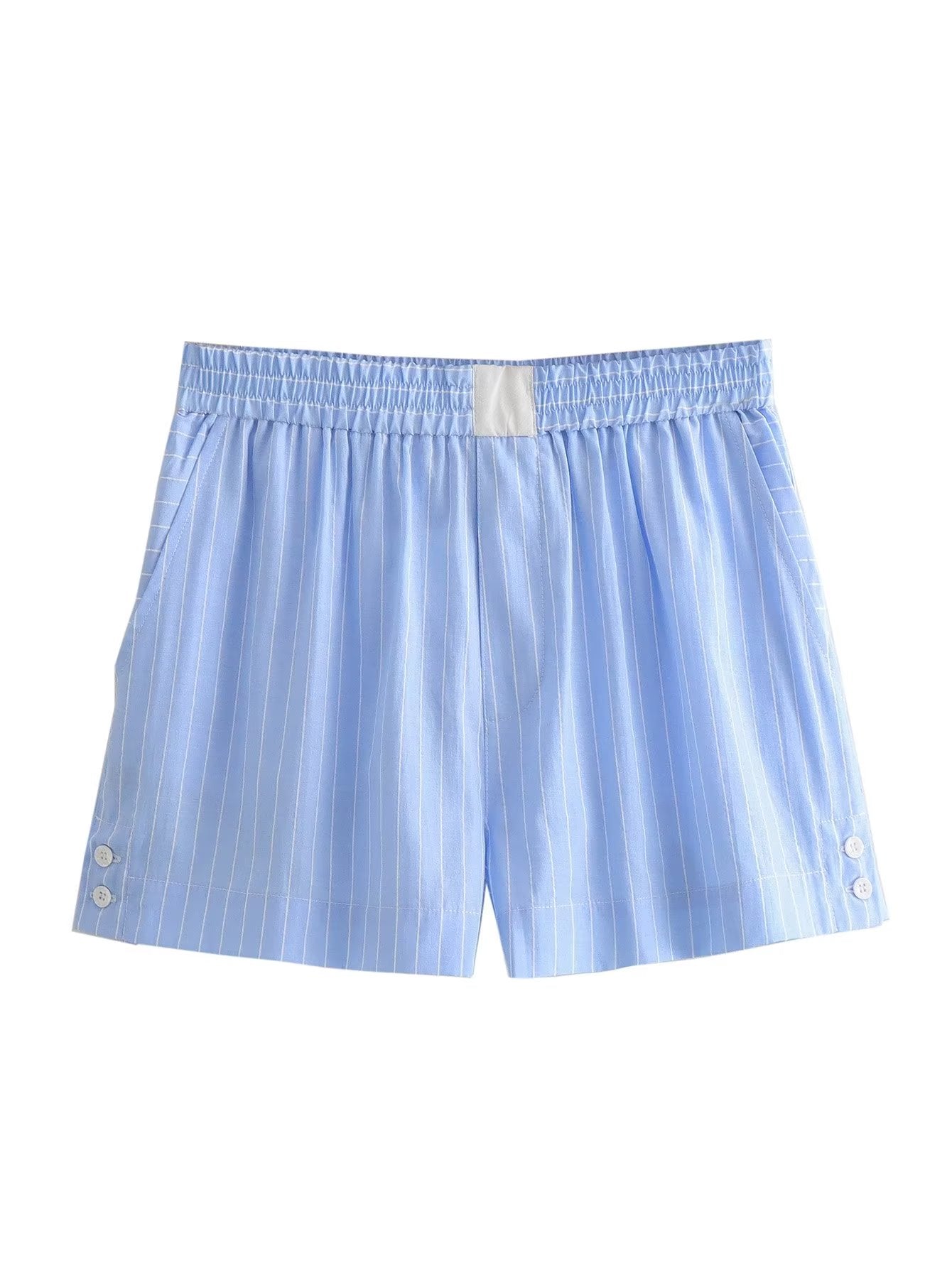 Damenbekleidung Französisch Gestreiftes Popeline Kurzarmhemd Shorts mit Kontrastfarben