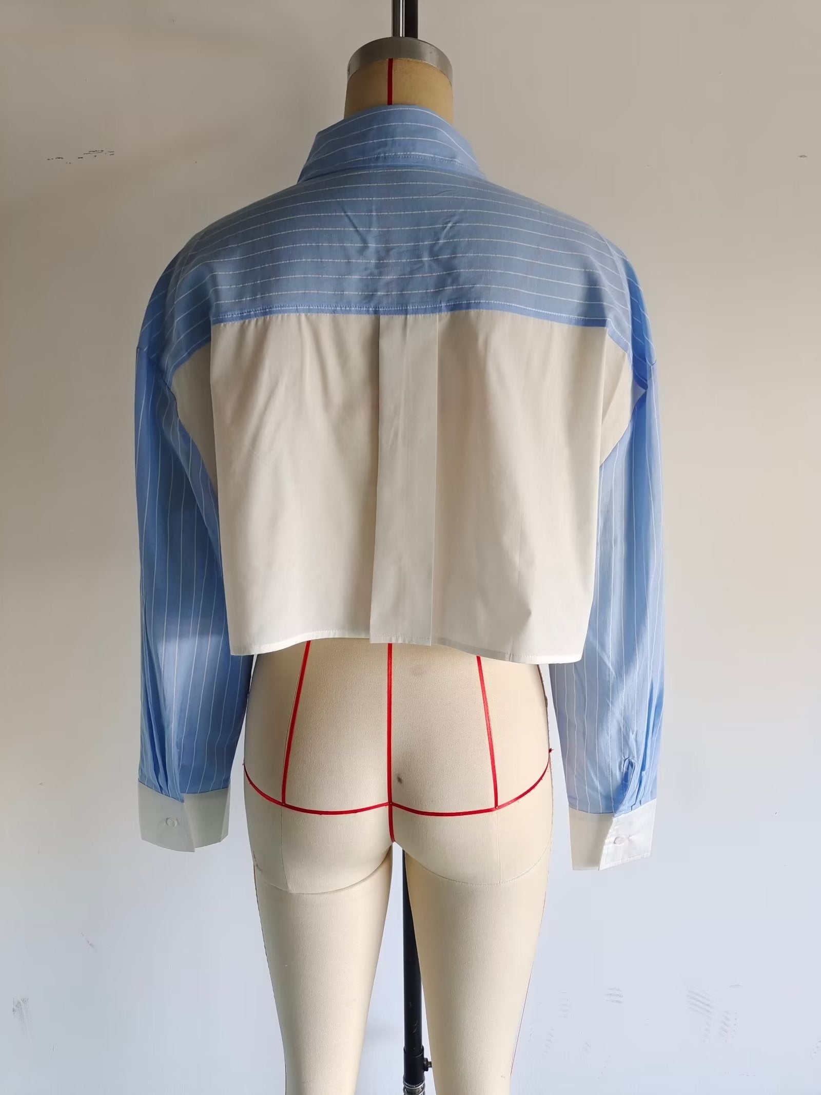 Damenbekleidung Französisch Gestreiftes Popeline Kurzarmhemd Shorts mit Kontrastfarben