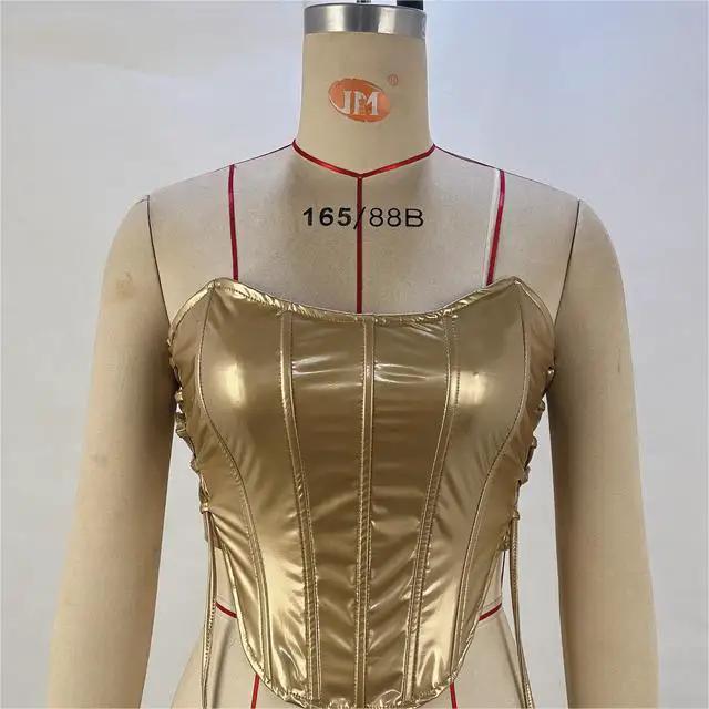 Metallic Coated Fabric Women Clothing Autumn Winter Sexy Sexy Lace Up Tube Top Vest Boning Corset Waist Tied Vest Women