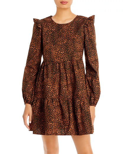 WAYF Womens Velma Animal Print Ruffle Babydoll Dress