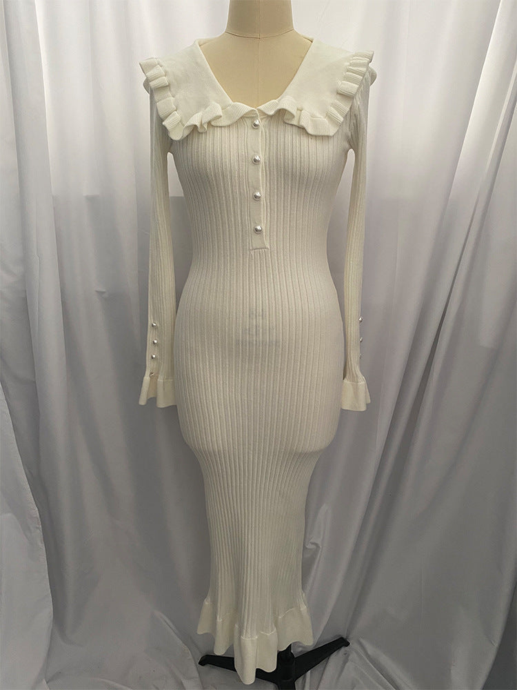 Gerüschtes Kleid, Strickkleid, Herbst-Winter-Pulloverkleid, Retro-Damenkleid, französisches Kleid