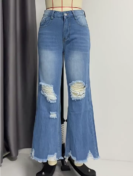 Quasten-Jeans mit Wasserwaschung für Damen, lange, lässige, mittelhohe Taille, weites Bein, Hose