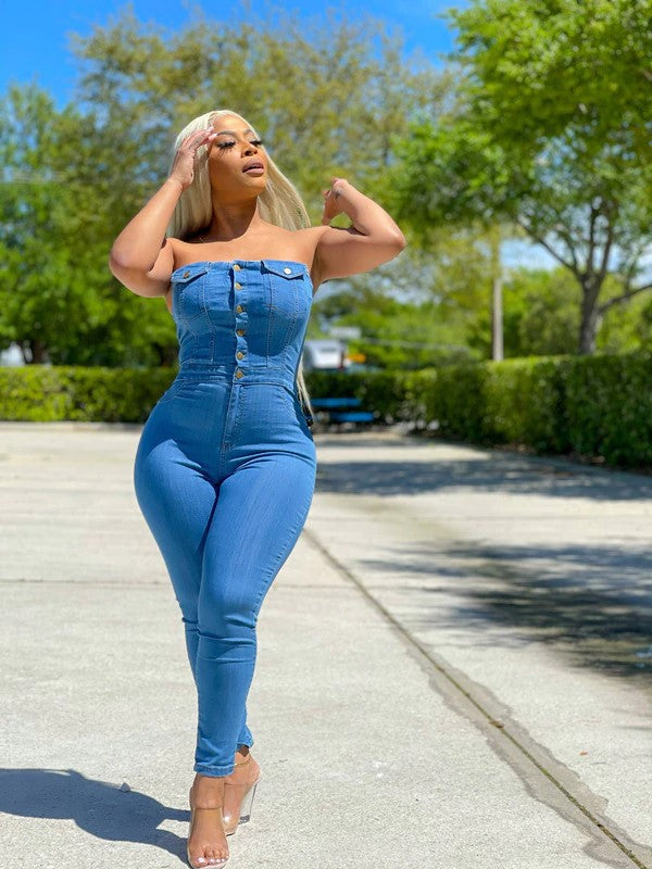 Lässiger Tube Top Damen-Overall aus schmal geschnittenem Denim