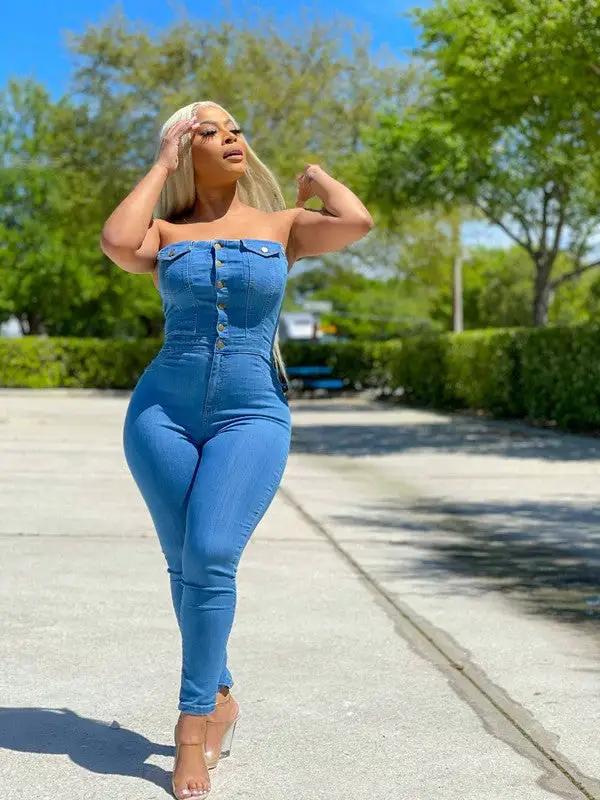 Casual Tube Top Women Clothing Slim Fit Denim Jumpsuit by Wanita Store
