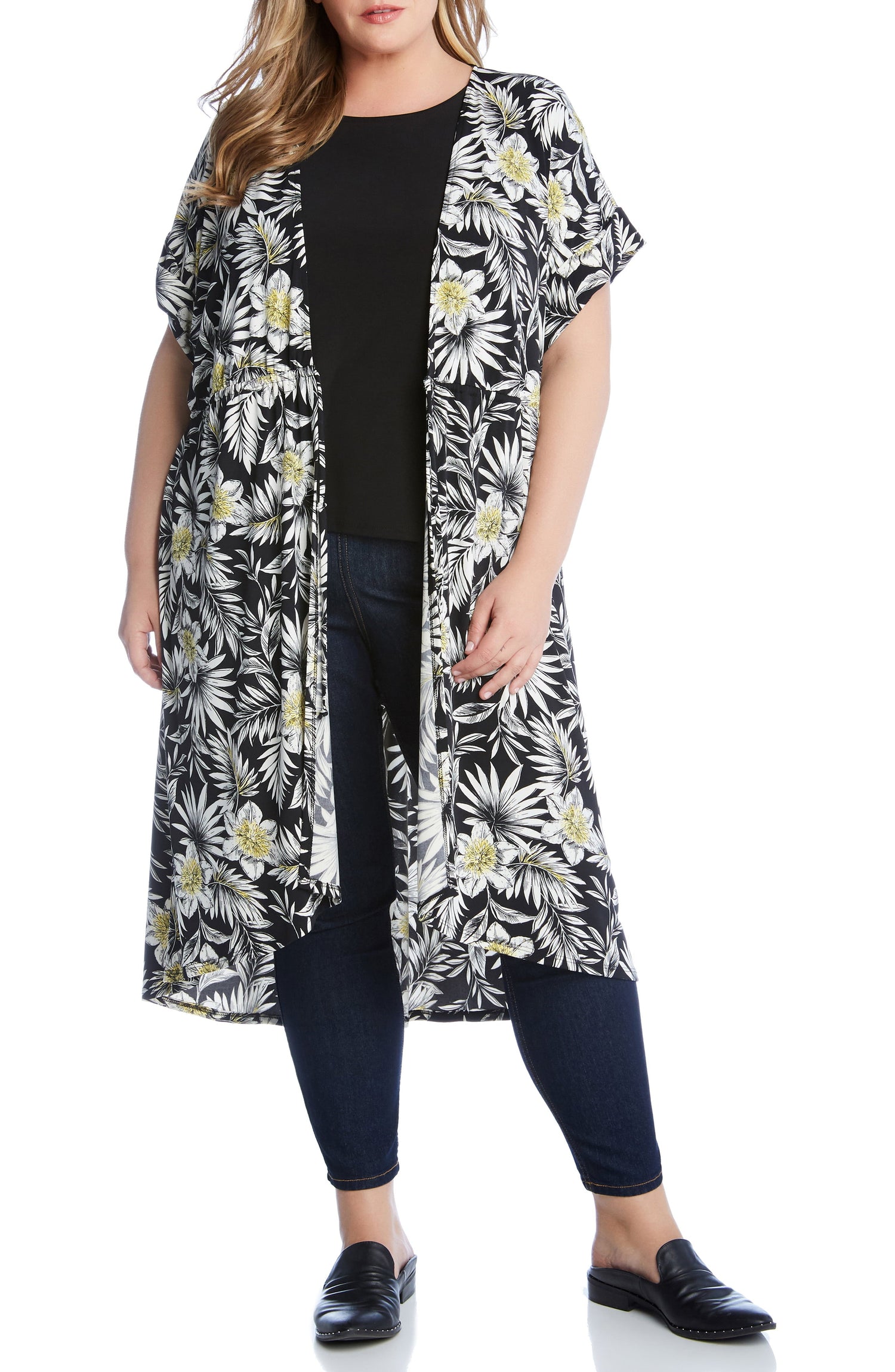 Karen Kane Womens Plus Floral Tie-Waist Duster Top, Size OX
