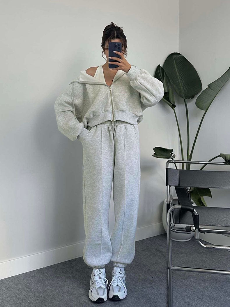 Herbst Winter Einfarbiger Kapuzen-Cardigan-Pullover Damenbekleidung Zweiteiliger Freizeit-Sweatpant-Set