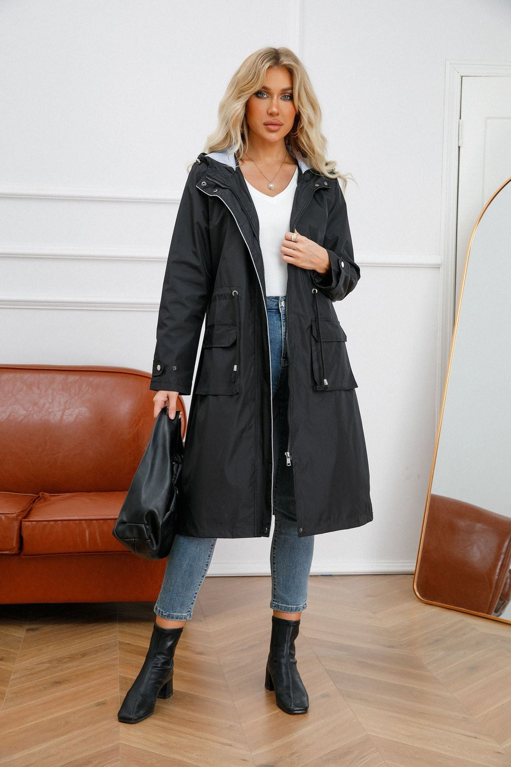 Frühling Herbst Langer Freizeit Trenchcoat Damen Wasserdicht Kapuze Einfarbig Top Gestreiftes Futter Gerader Mantel