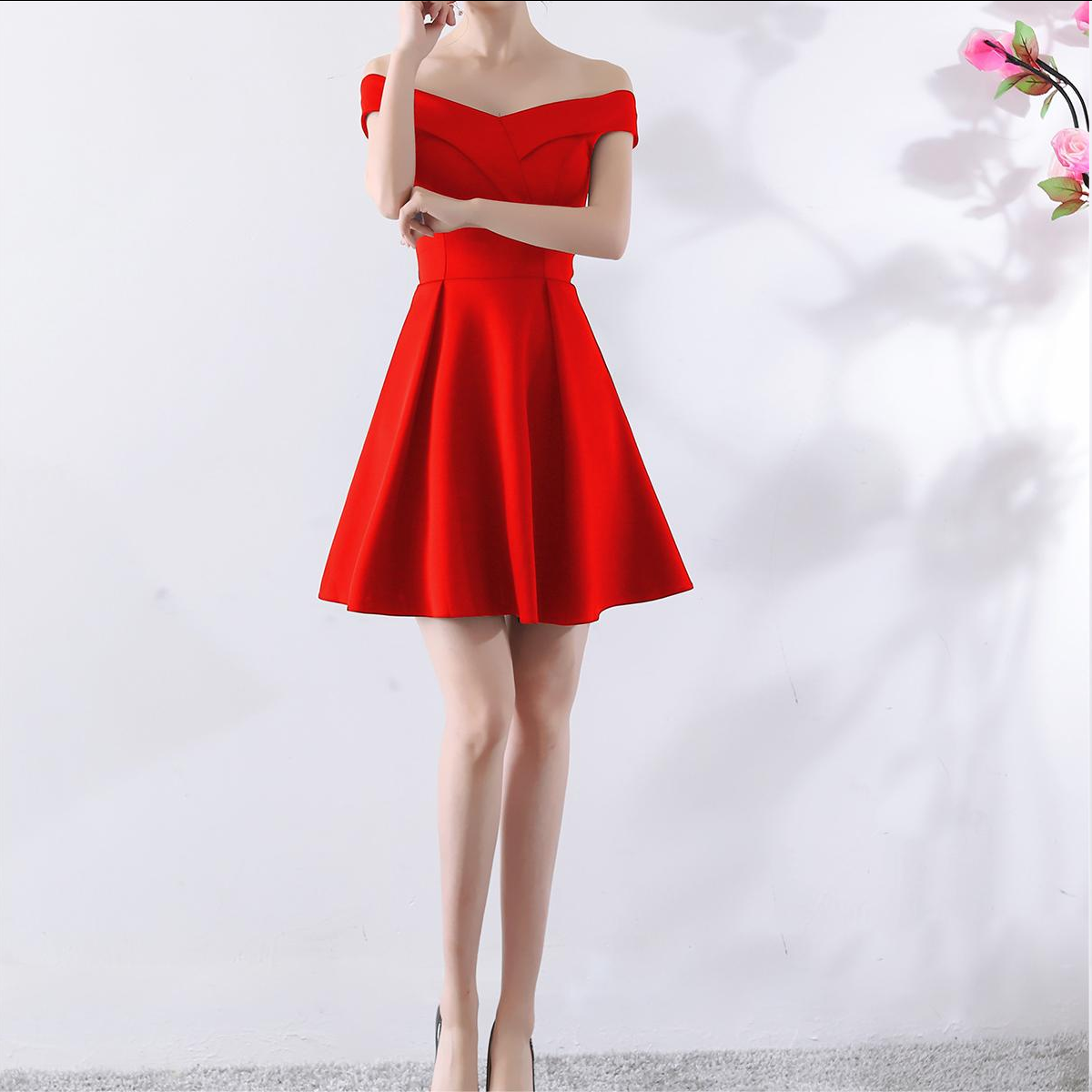 Toast Kleid Braut Frühlingshochzeit Sommer Rot Kurz Schulterfrei Hochzeitskleid
