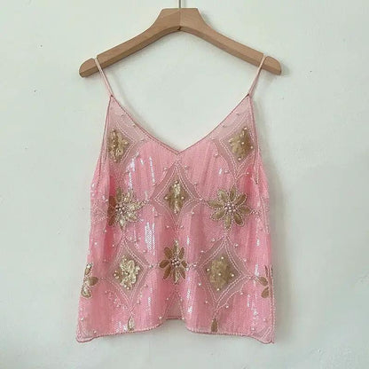 【MOQ-5 packs】 Niche Summer Women Heavy Embroidery Sequ Beaded Sling Basic Sexy Slimming Short V neck Vest Western Sexy by Wanita Store