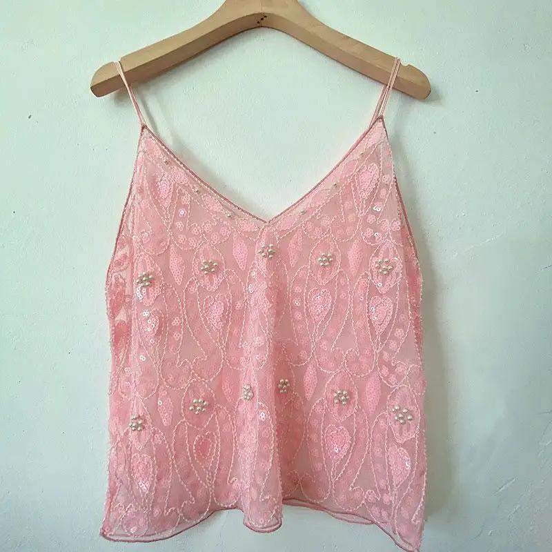 【MOQ-5 packs】 Niche Summer Women Heavy Embroidery Sequ Beaded Sling Basic Sexy Slimming Short V neck Vest Western Sexy by Wanita Store