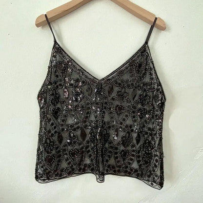 【MOQ-5 packs】 Niche Summer Women Heavy Embroidery Sequ Beaded Sling Basic Sexy Slimming Short V neck Vest Western Sexy by Wanita Store