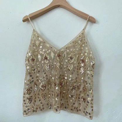 【MOQ-5 packs】 Niche Summer Women Heavy Embroidery Sequ Beaded Sling Basic Sexy Slimming Short V neck Vest Western Sexy by Wanita Store