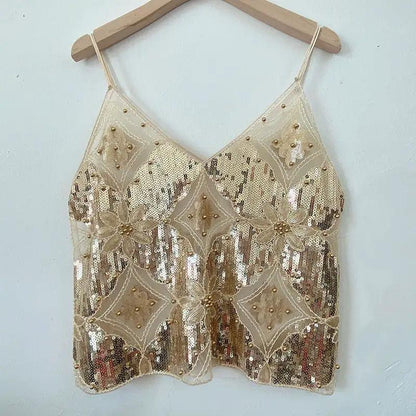 【MOQ-5 packs】 Niche Summer Women Heavy Embroidery Sequ Beaded Sling Basic Sexy Slimming Short V neck Vest Western Sexy by Wanita Store