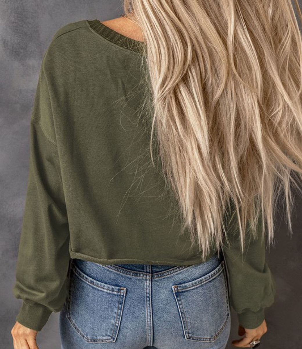 Drop Shoulder Cropped Sweater - Green