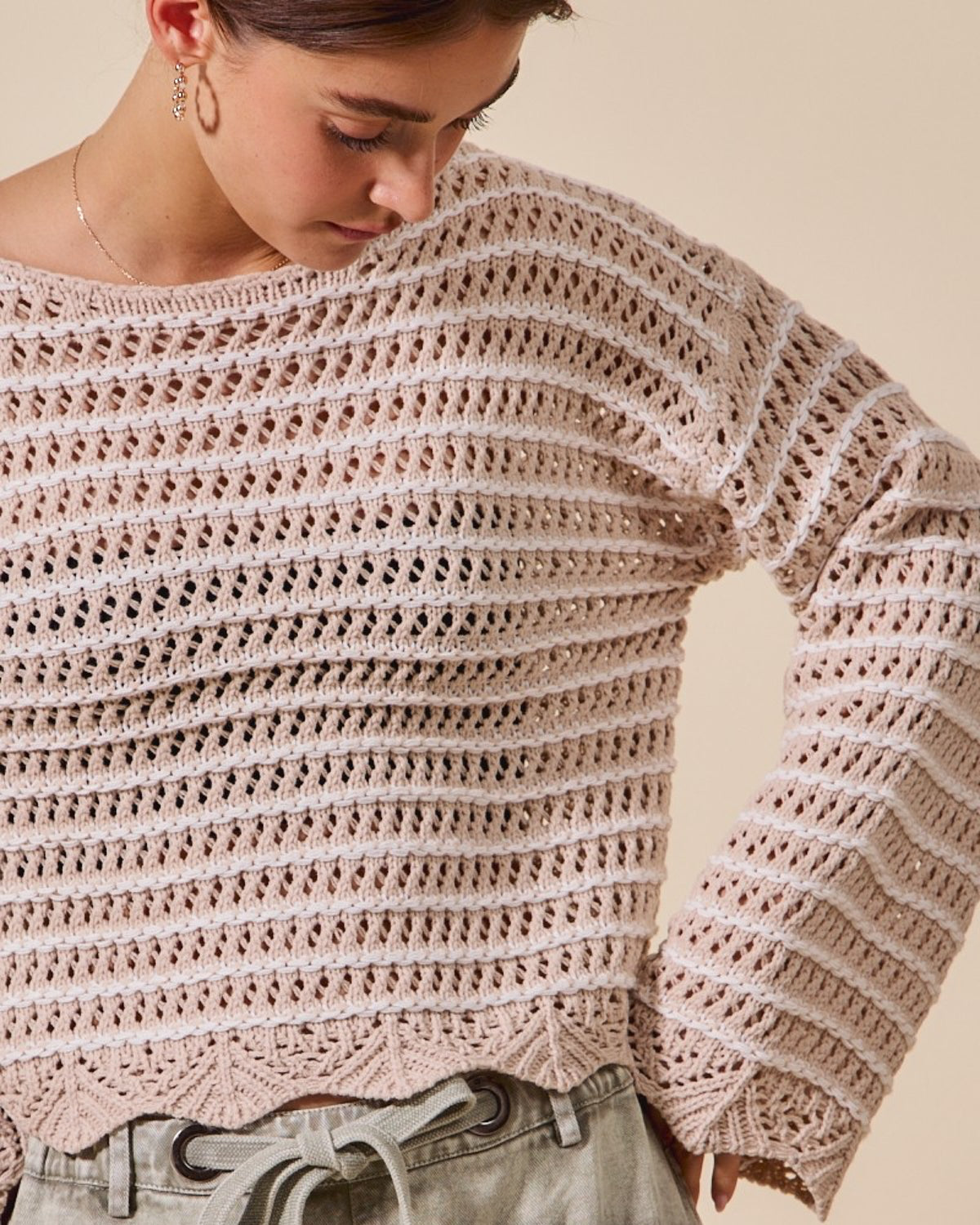 Textured Stripe Sweater W/ Scallop