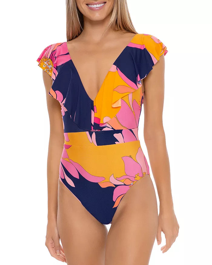 Trina Turk Swim  Breeze Ruffle Plunge One Piece / Multicolor, Size 10