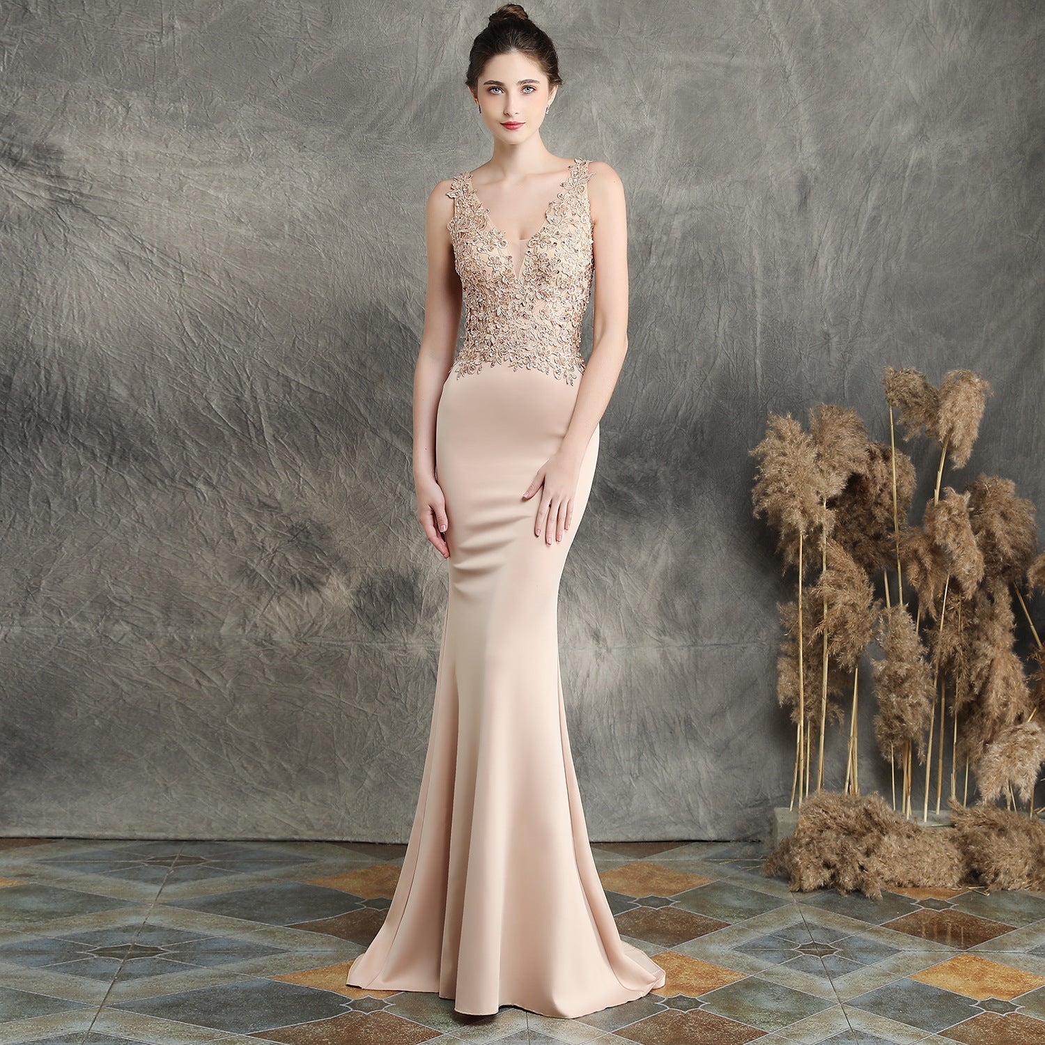 Handgefertigte Applikation Perlenbesatz Toast Kleidung Braut Lange Wertschätzungsdinner Slim-Fit Fishtail Hochzeitsabendkleid Festliches Kleid