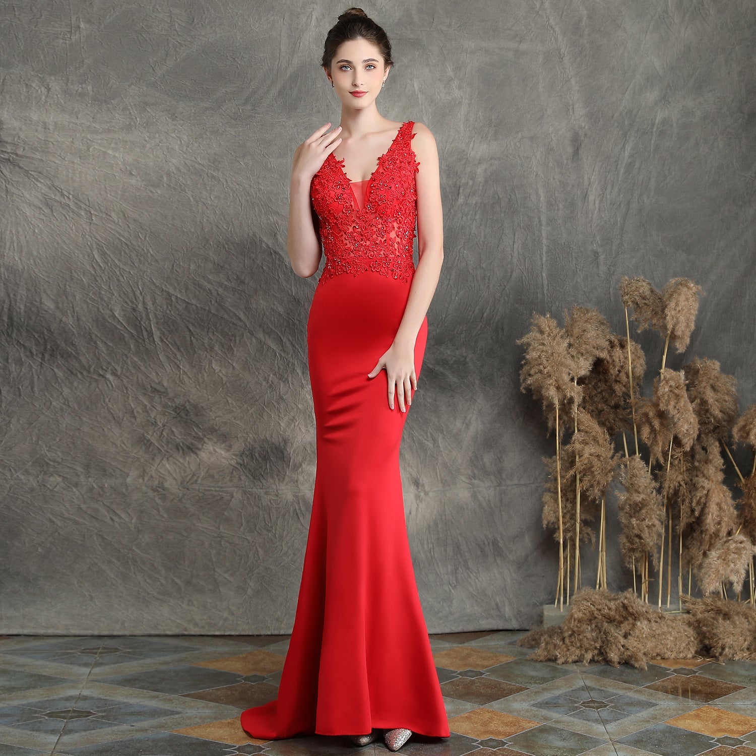 Handgefertigte Applikation Perlenbesatz Toast Kleidung Braut Lange Wertschätzungsdinner Slim-Fit Fishtail Hochzeitsabendkleid Festliches Kleid