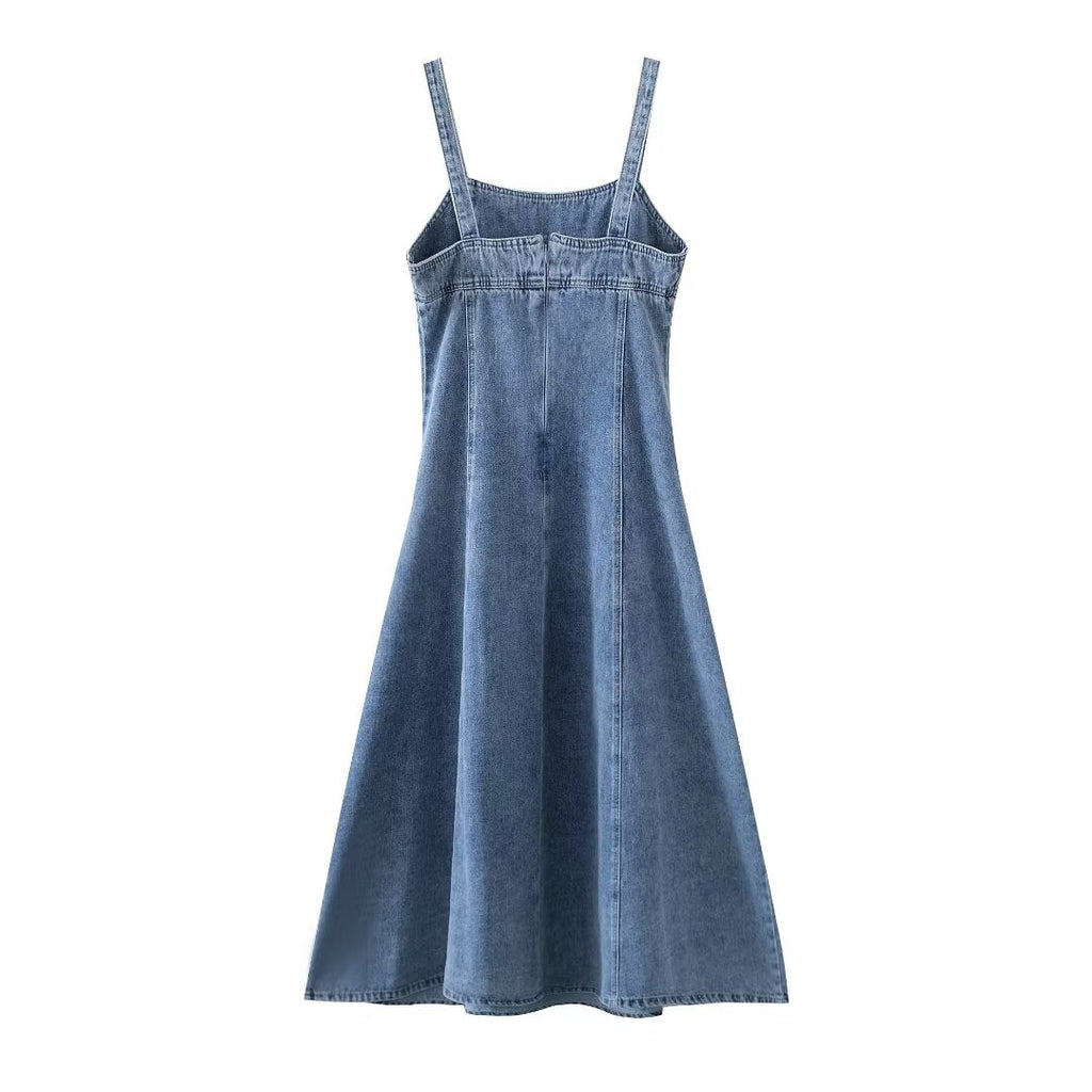 Women Clothing French Casual Pleated Washed Denim Dress Chic