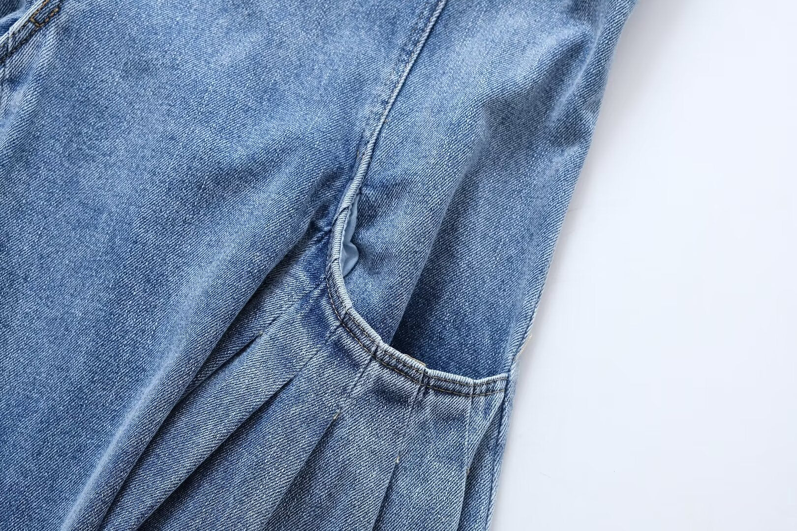 Women Clothing French Casual Pleated Washed Denim Dress Chic