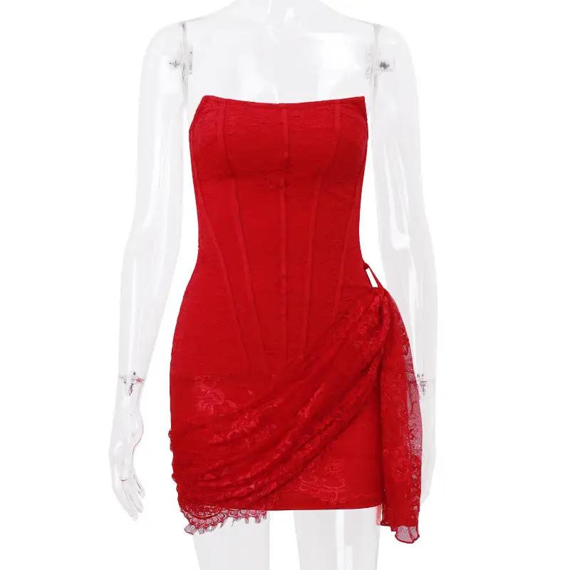 Fall Women Clothing Sexy Lace Boning Corset off Shoulder Tube Top Slightly Transparent Slim Fit Dress Women by Wanita Store