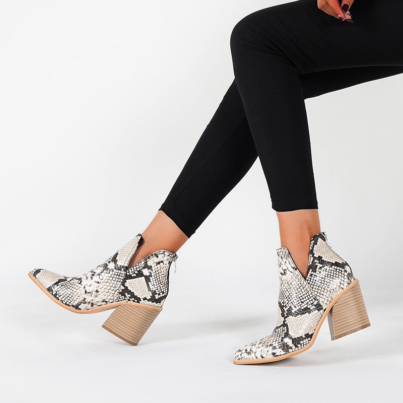 Leopardenmuster Stiefeletten für Damen Frühling Herbst High Heel Martin Boots Blockabsatz Spitz Zehen Ankle Boots Damen