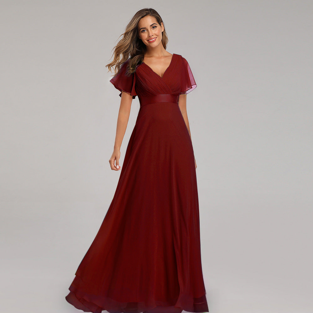 Handgefaltetes großes V-Ausschnitt Chiffonkleid mit Gummizug für Damen, Bankett, Brautjungfern, Abendkleid