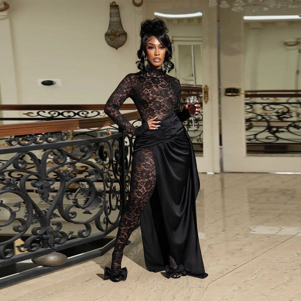 Damen sexy Overall aus Spitze Kunstseide Rock Set