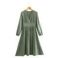 Spring Women Clothing Army Green Long Sleeve Pleated Dress