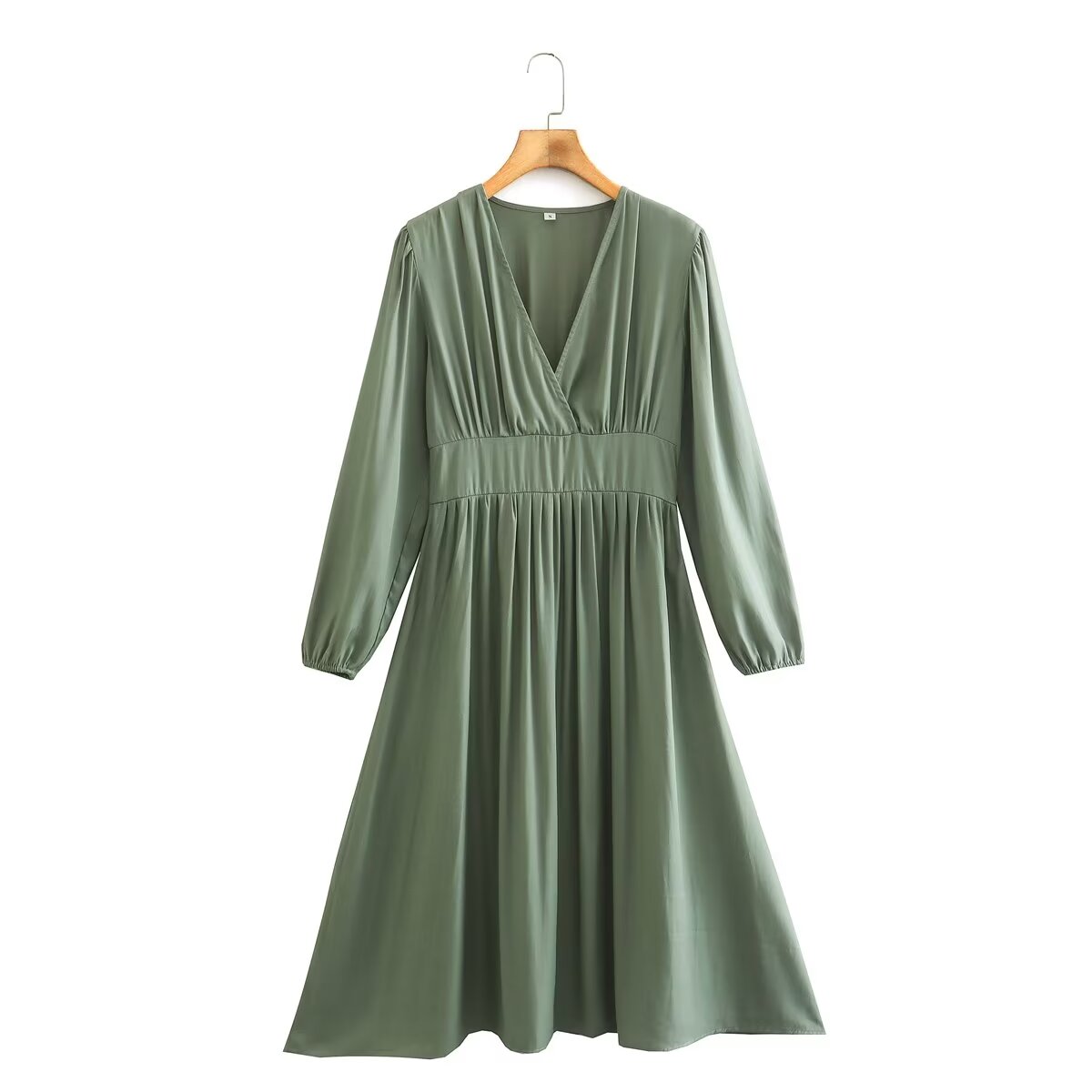 Spring Women Clothing Army Green Long Sleeve Pleated Dress