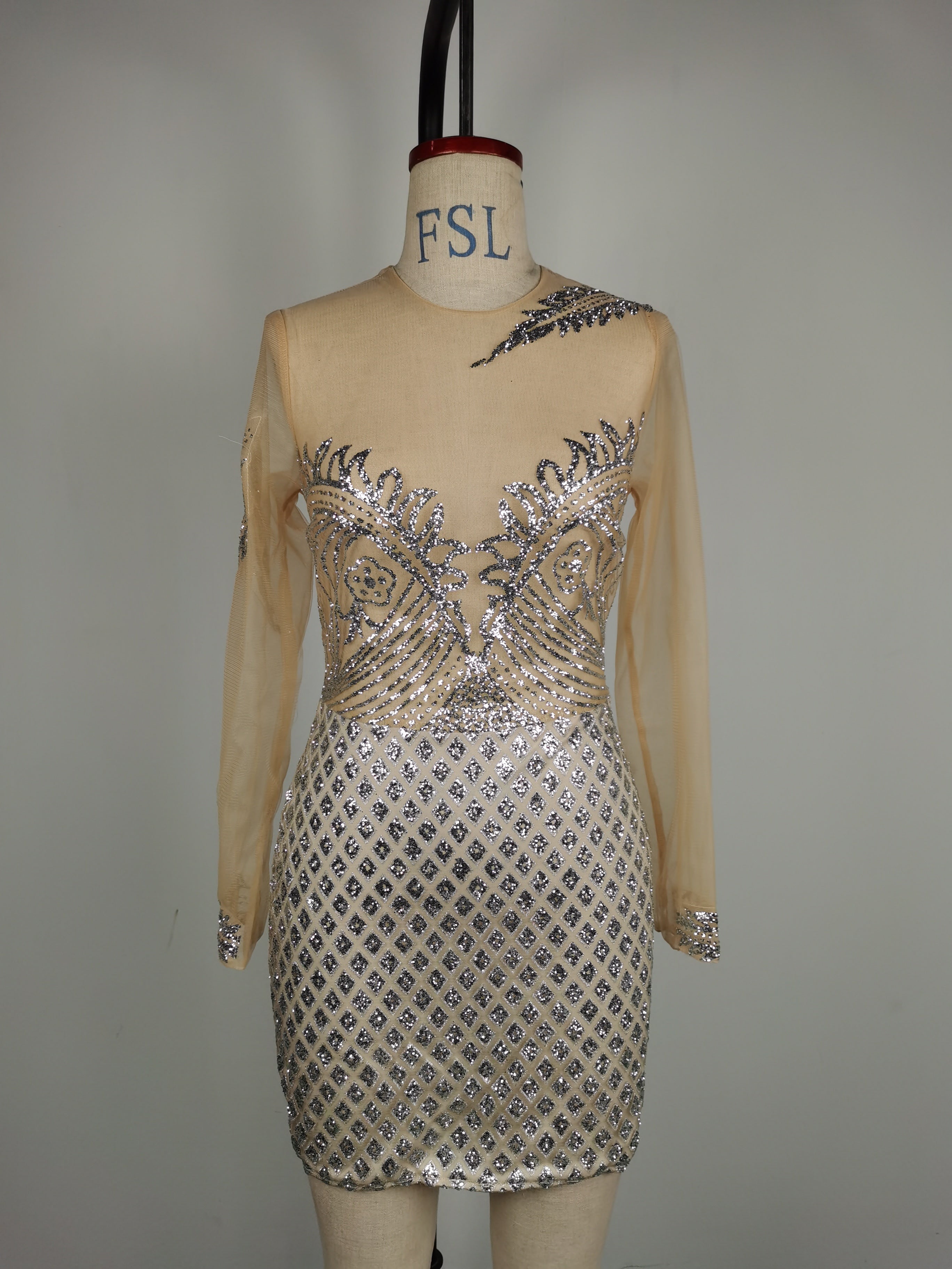 Frühling Sommer Damenbekleidung Sexy Gold Glitzer Perlen Film Cocktailkleid Hüftkleid