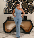 Schräge Schulter Eng Anliegende Taille Schmal Elastisch Gewaschener Denim Overall Jumpsuit Schlaghose