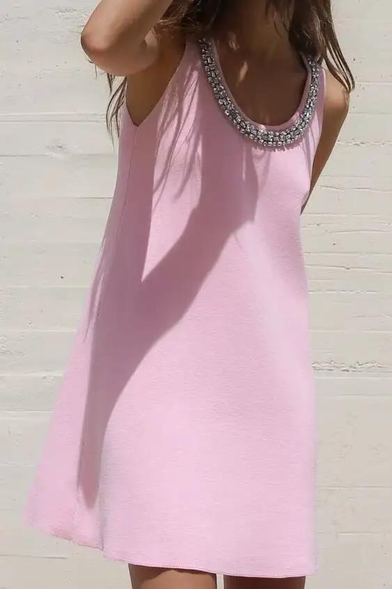 Women Clothing Summer Jewelry Inlay Plain Stitch Mini Dress by Wanita Store