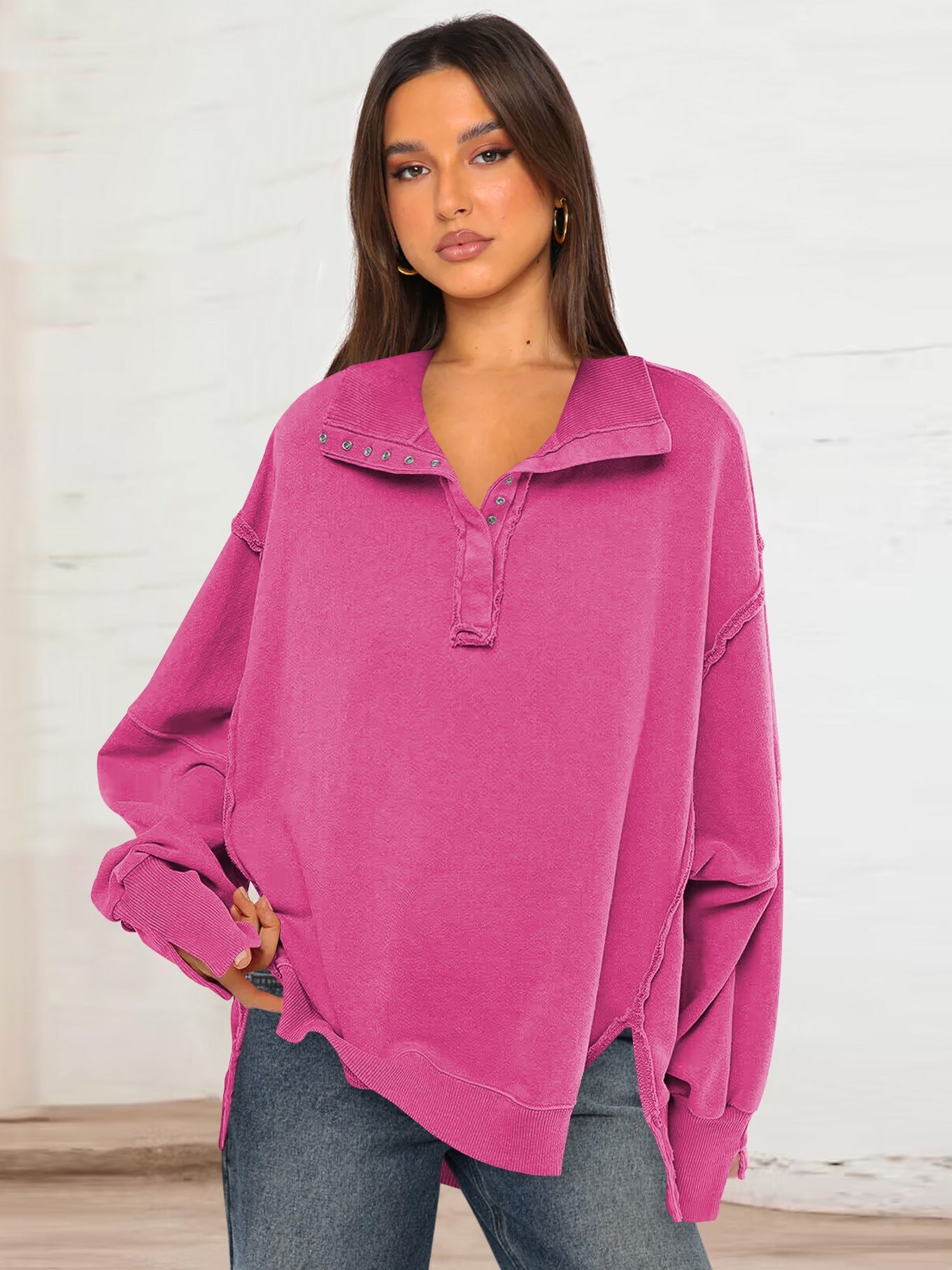 Decorative Moulding Design Blouse Split Lantern Sleeve Polo Collar Sweatshirt Coat for Women Spring Autumn