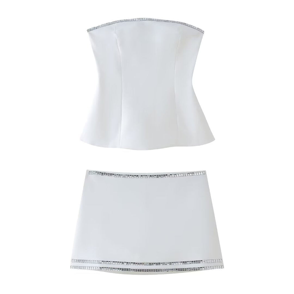 Summer Women Jewelry Inlaid Top Tube Top Short Type Skirt Set Women