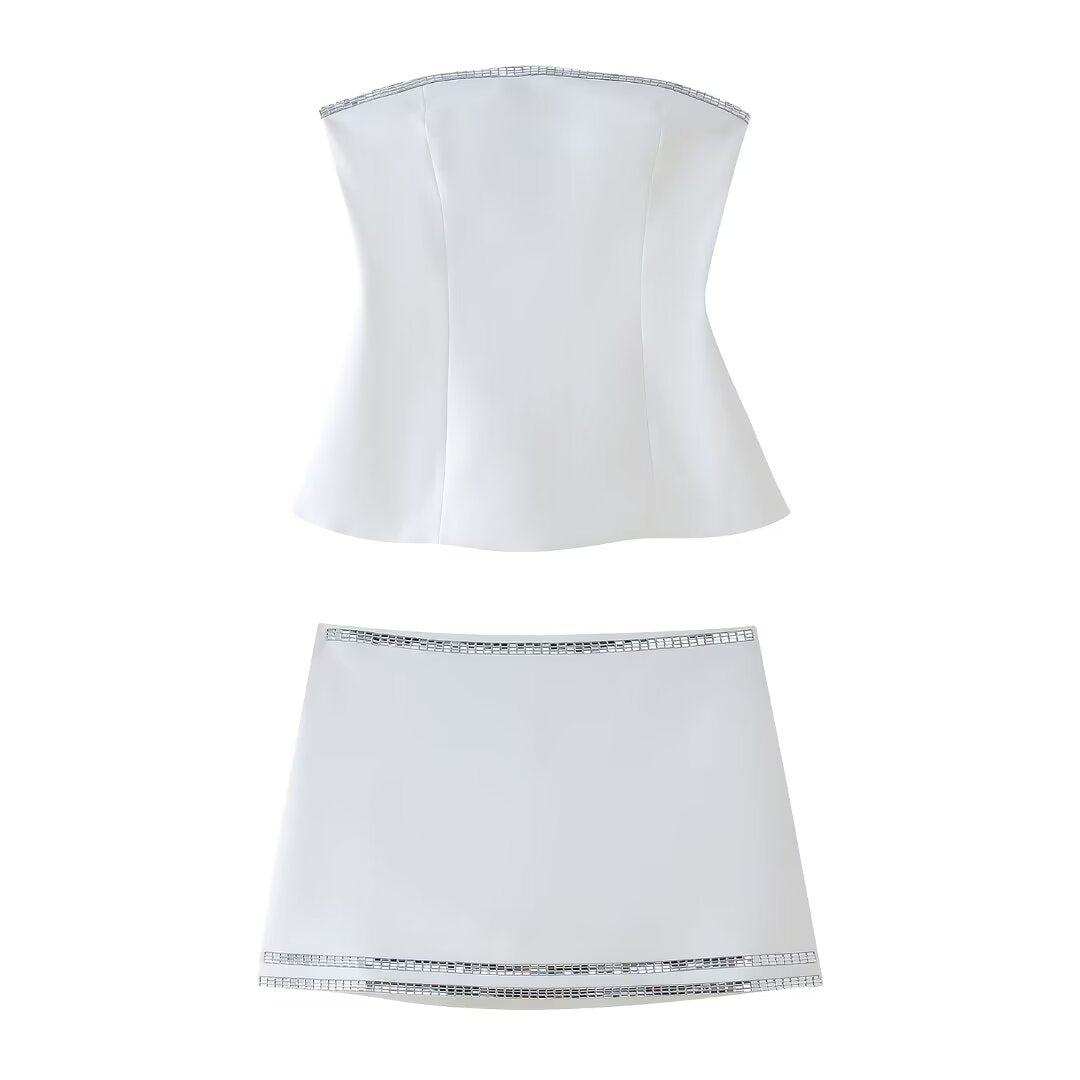 Summer Women Jewelry Inlaid Top Tube Top Short Type Skirt Set Women