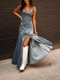 Ladies Summer Vintage Cotton Denim Washed Distressed Strap Slim Fit Buckle Large Swing Dress
