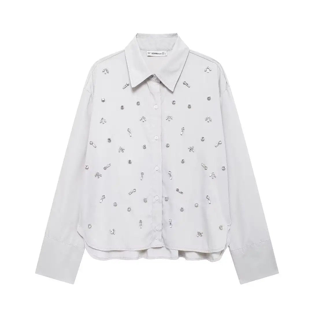 Autumn Artificial Jewelry Decoration Poplin Shirt Casual Shorts Women Suit by Wanita Store