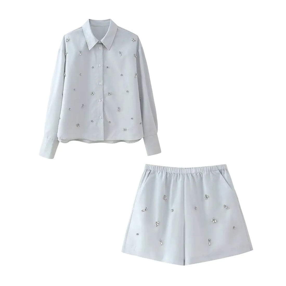 Autumn Arrival Women Artificial Jewelry Decoration Shirt Shorts Set by Wanita Store